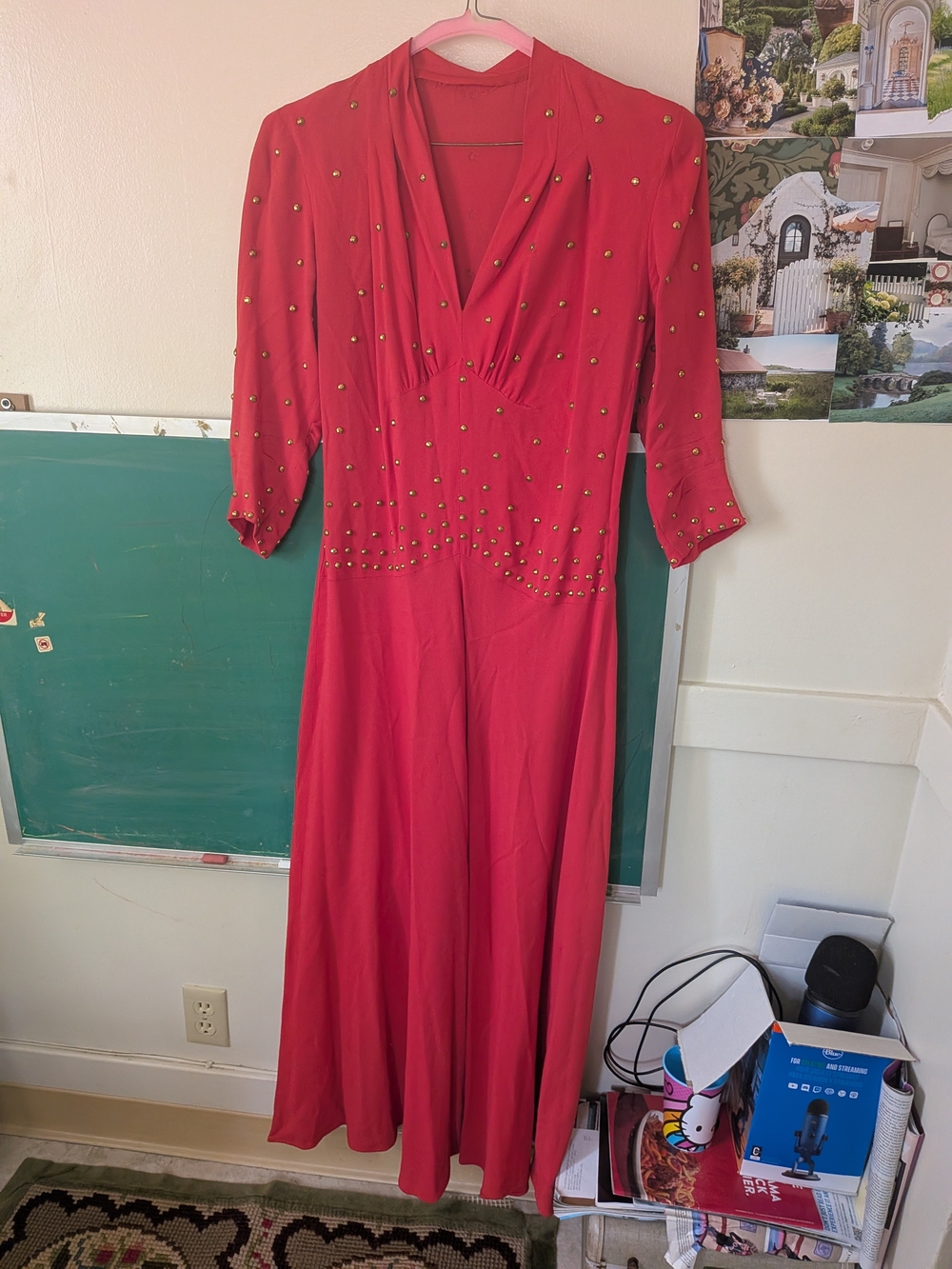 1940s  Vintage Medium Rayon Coral Red Stud-Embellished V-Neck Maxi Dress